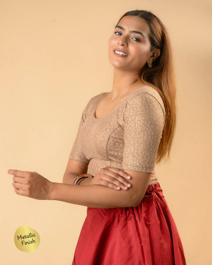 Uttara light brown metallic jacquard blouse side profile with elbow sleeve by Advi - side