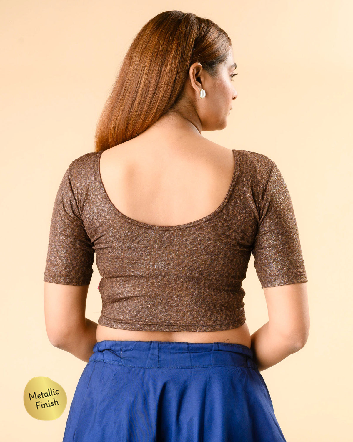 Uttara coffee metallic jacquard blouse showing deep round back by Advi - back