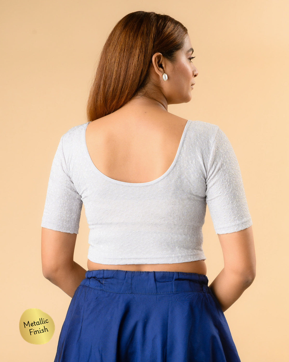 Uttara light gray metallic jacquard blouse showing deep round back by Advi - back
