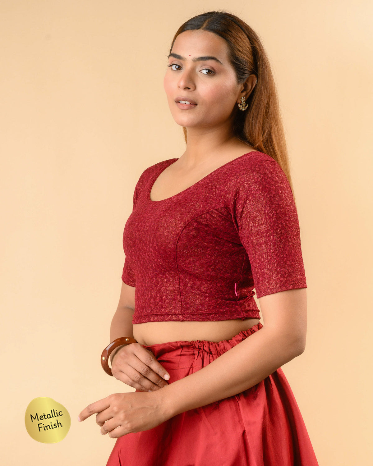 Uttara maroon metallic jacquard blouse side profile with elbow sleeve by Advi - side