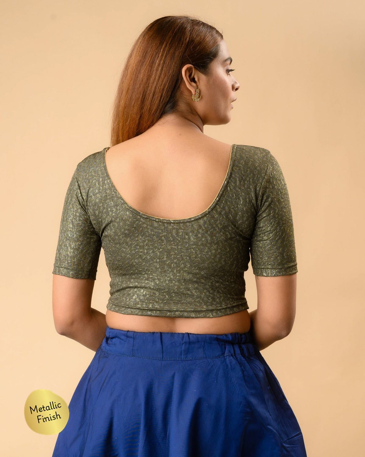 Uttara military green metallic jacquard blouse showing deep round back by Advi - back