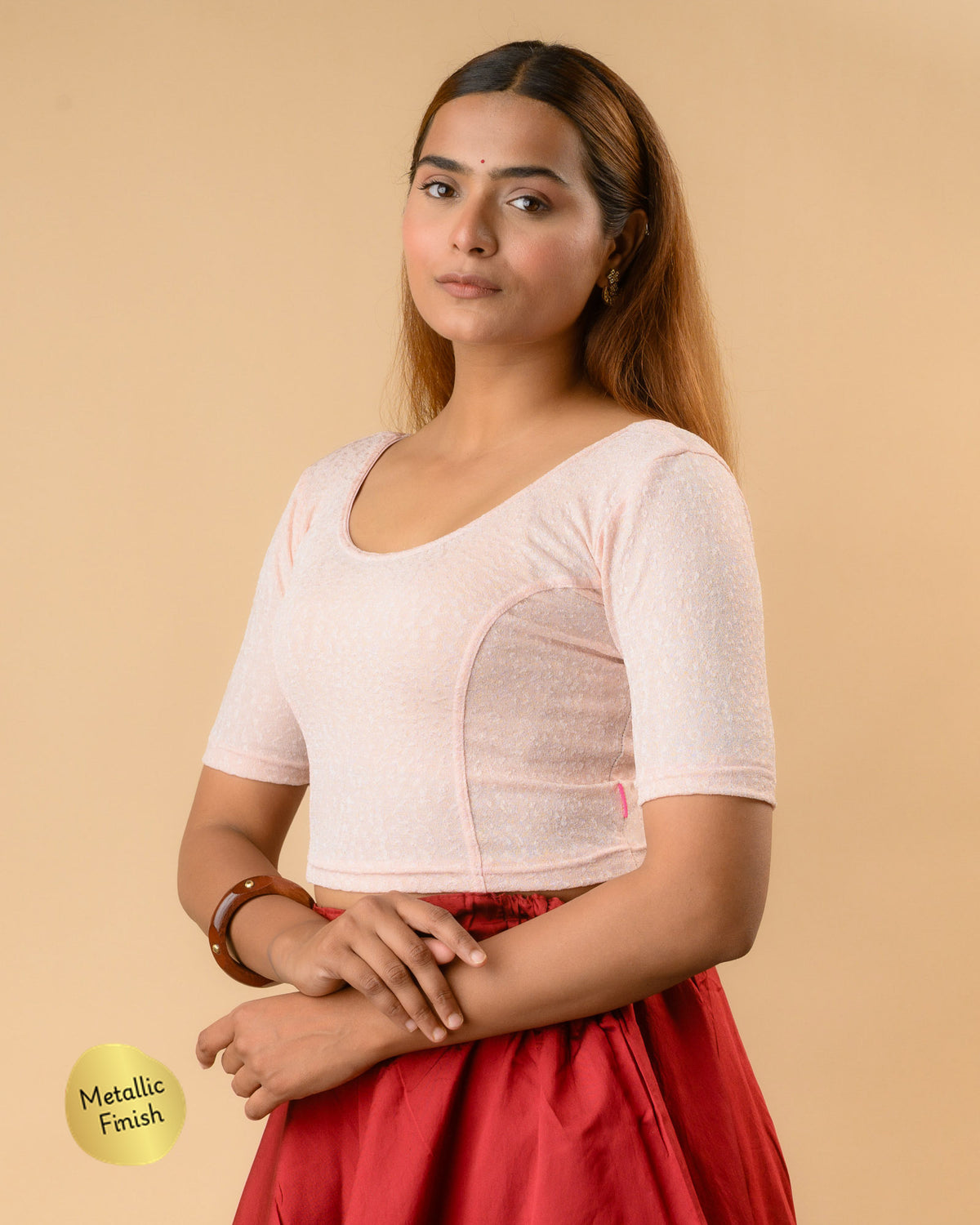 Uttara peach metallic jacquard blouse side profile with elbow sleeve by Advi - side