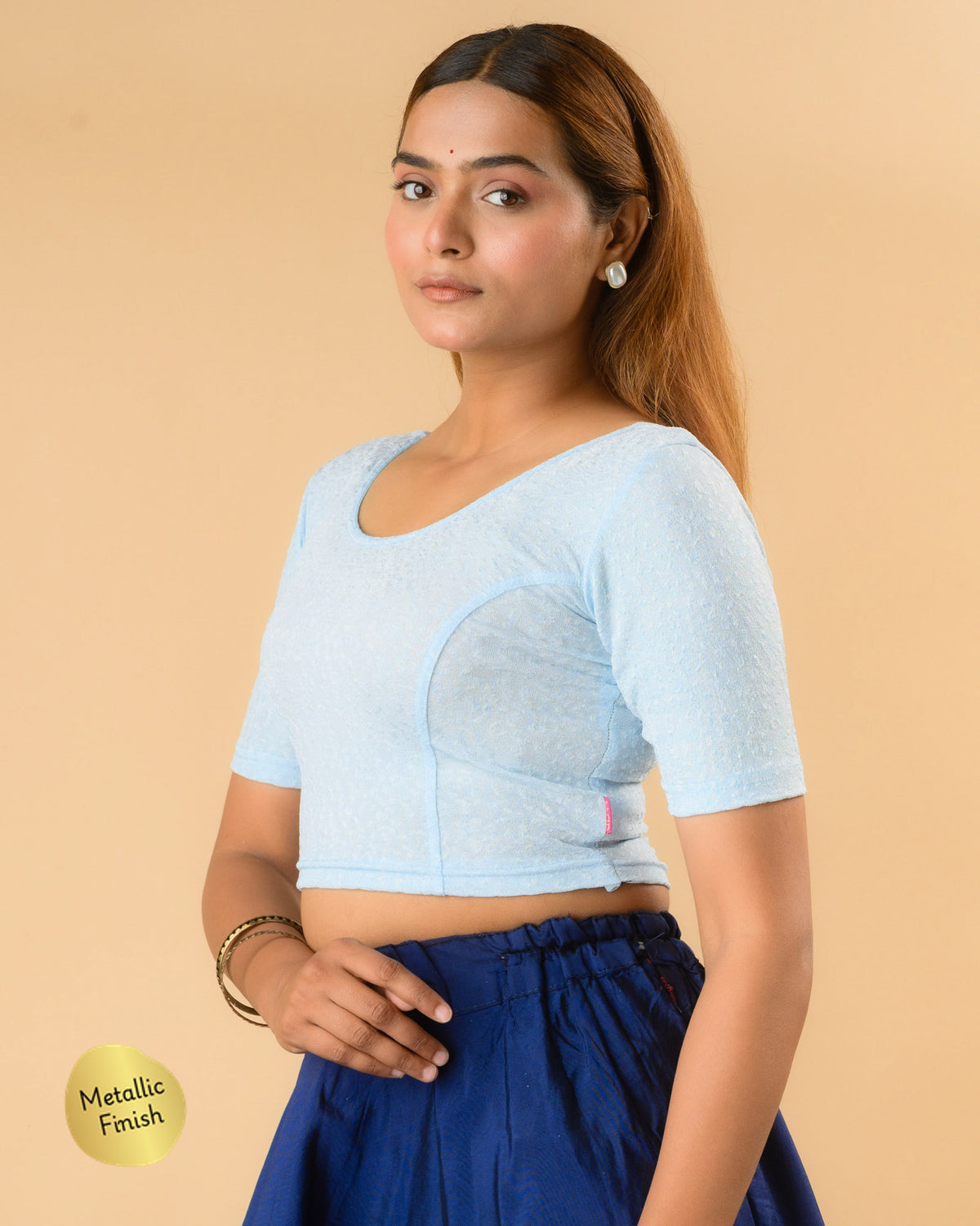 Uttara powder blue metallic jacquard blouse side profile with elbow sleeve by Advi - side