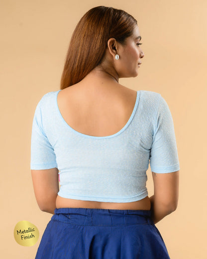 Uttara powder blue metallic jacquard blouse showing deep round back by Advi - back