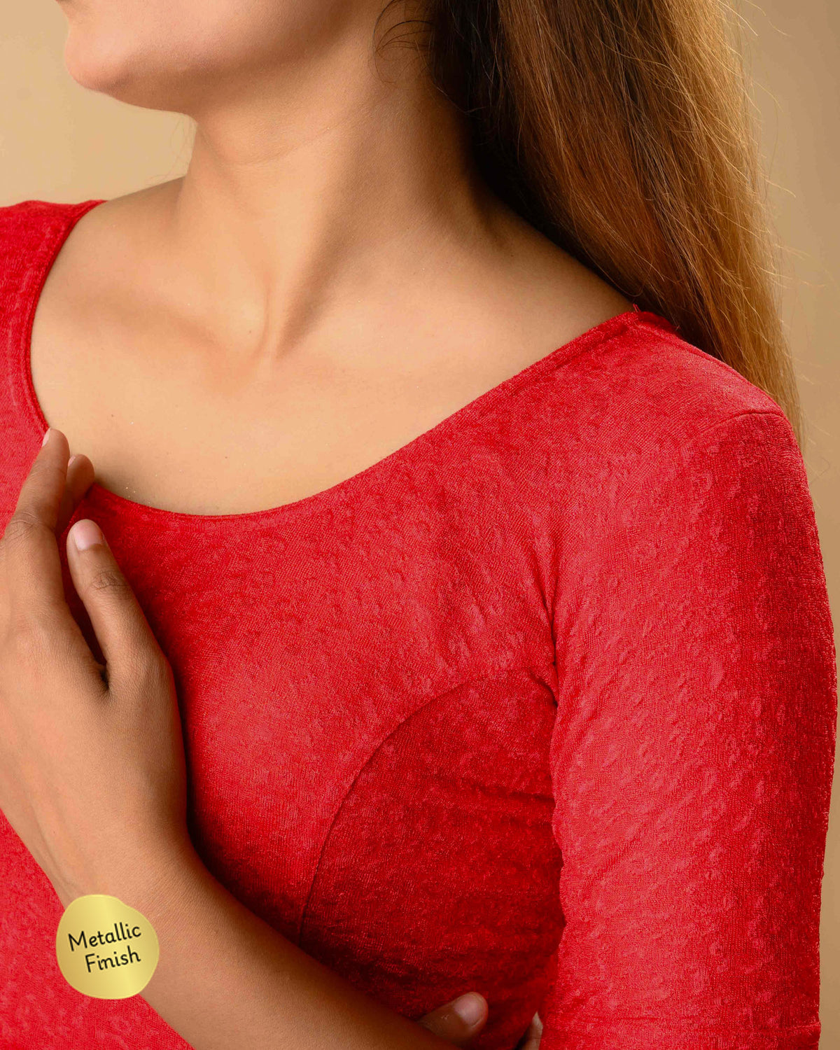 Close up of Uttara red jacquard texture with tone on tone metallic finish by Advi - detail