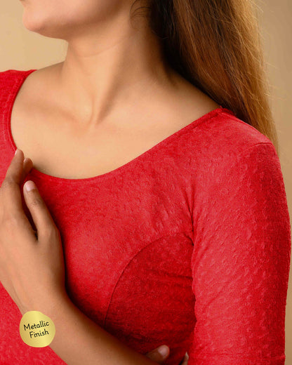 Close up of Uttara red jacquard texture with tone on tone metallic finish by Advi - detail