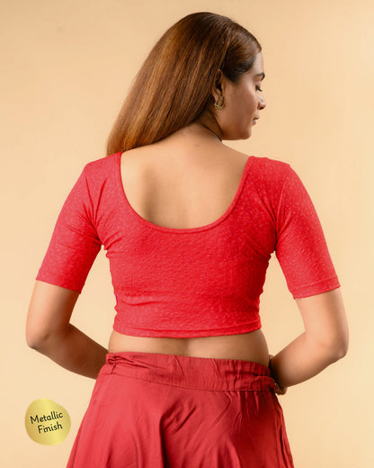 Uttara red metallic jacquard blouse showing deep round back by Advi - back