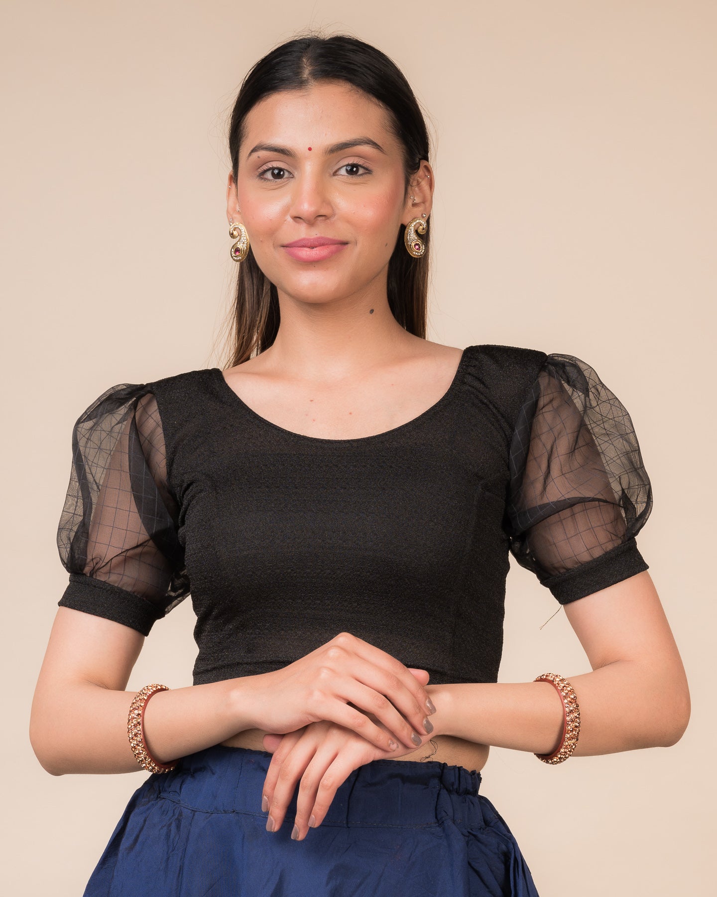 Madhubala Advi Black Organza Voluminous Puff Sleeve Stretchable Chic Blouse