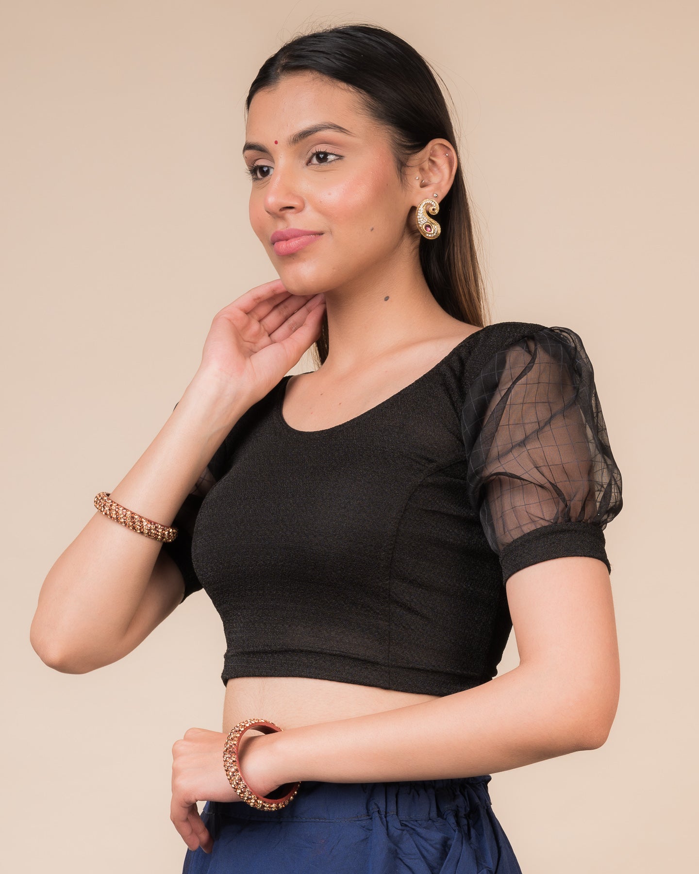 Madhubala Advi Black Organza Voluminous Puff Sleeve Stretchable Chic Blouse