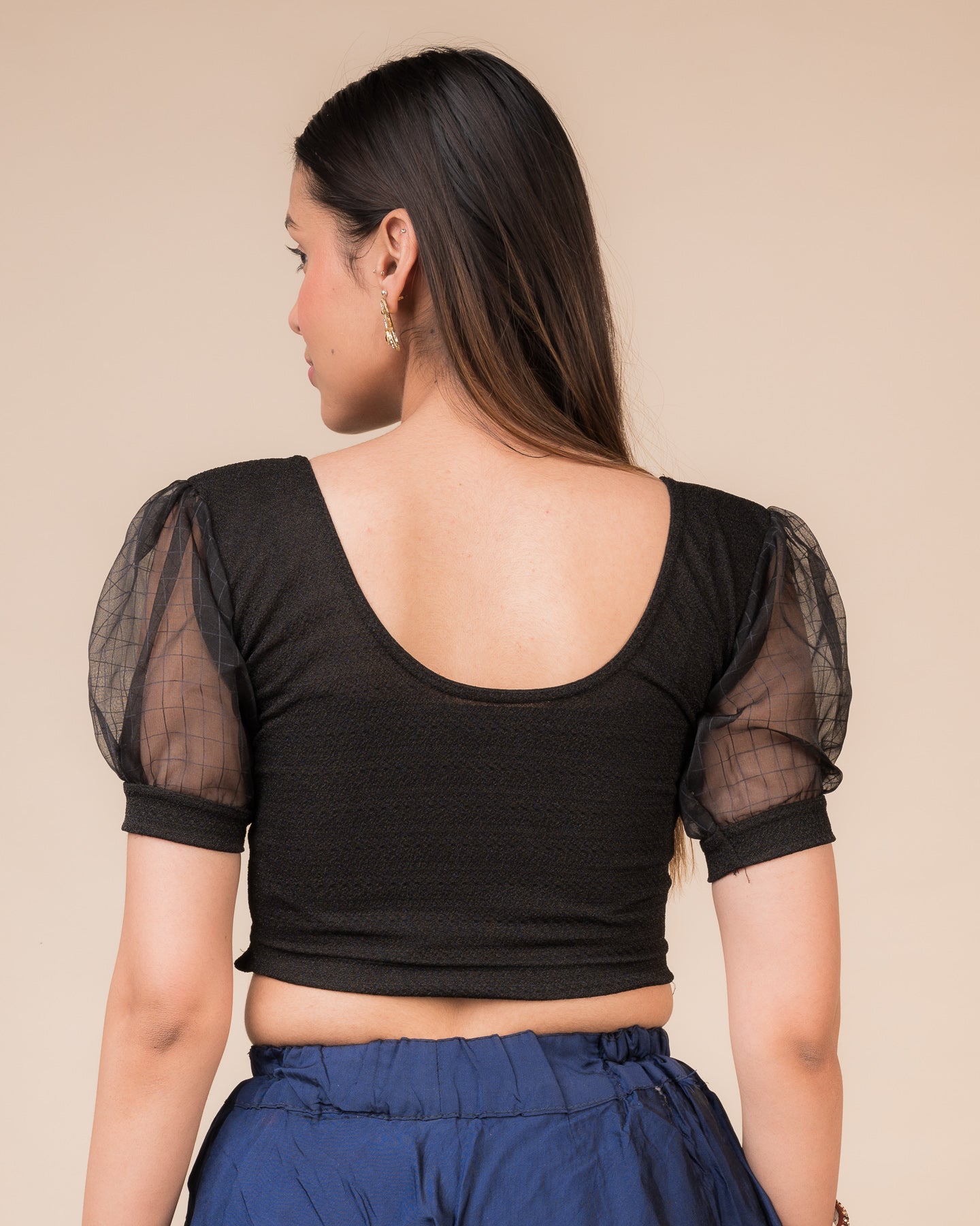 Madhubala Advi Black Organza Voluminous Puff Sleeve Stretchable Chic Blouse
