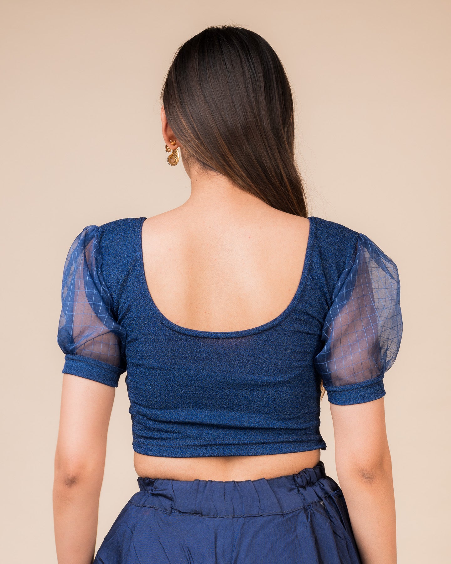 Madhubala Advi Navy Sheer Organza Balloon Sleeve Slip On Stretch Blouse