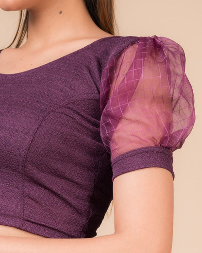 Madhubala Advi Purple Organza Puff Sleeve Bustier Look Stretch Slip On Blouse