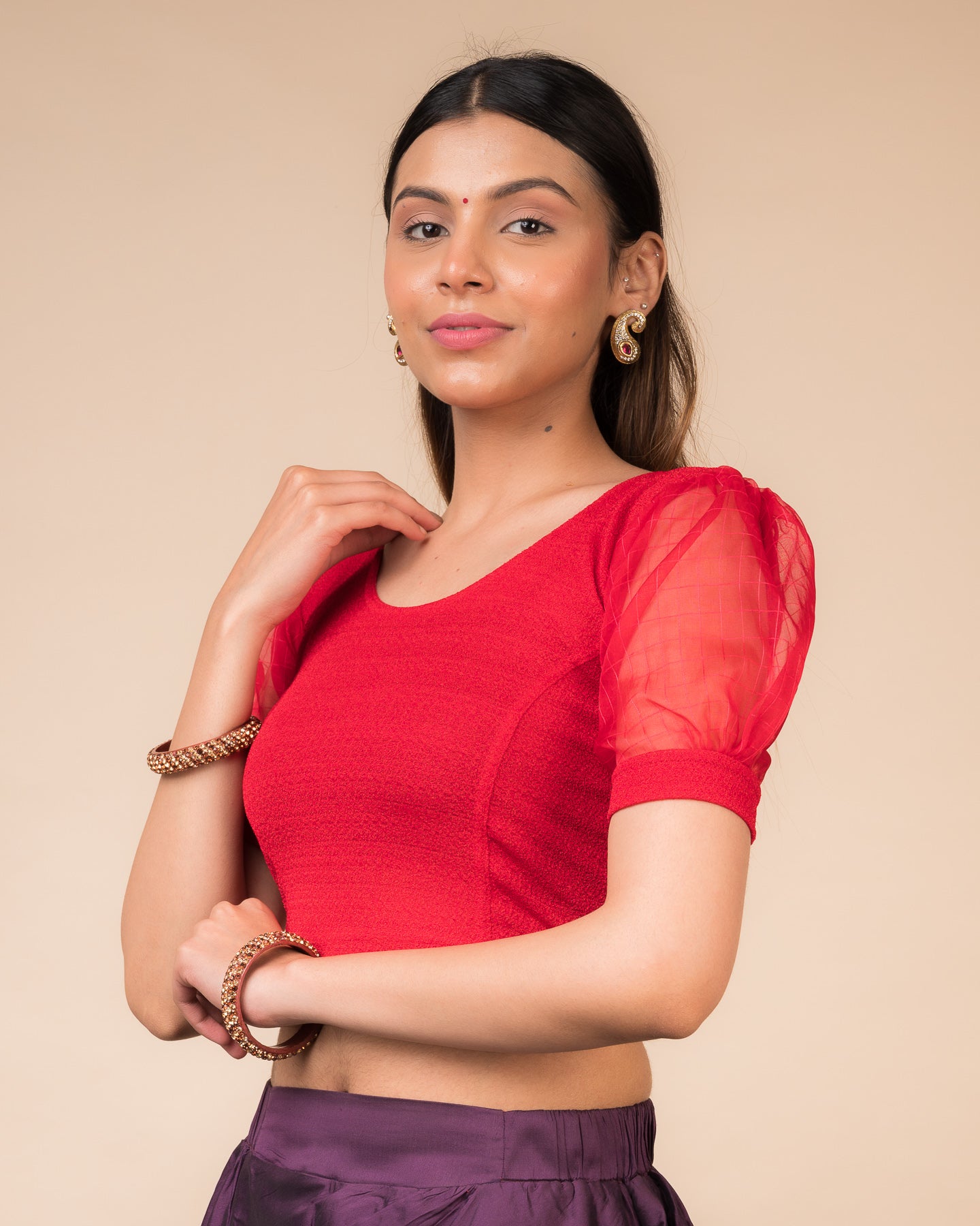 Madhubala Advi Red Sheer Puff Sleeve Stretchable Organza Chic Blouse