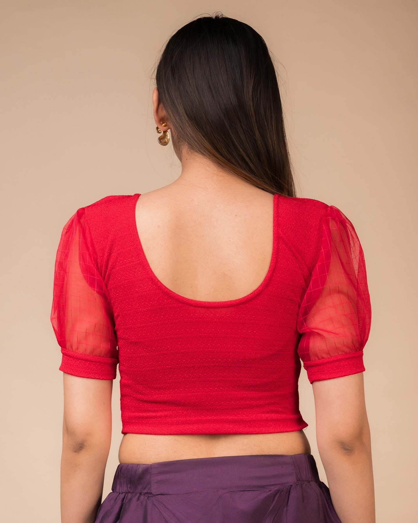 Madhubala Advi Red Sheer Puff Sleeve Stretchable Organza Chic Blouse