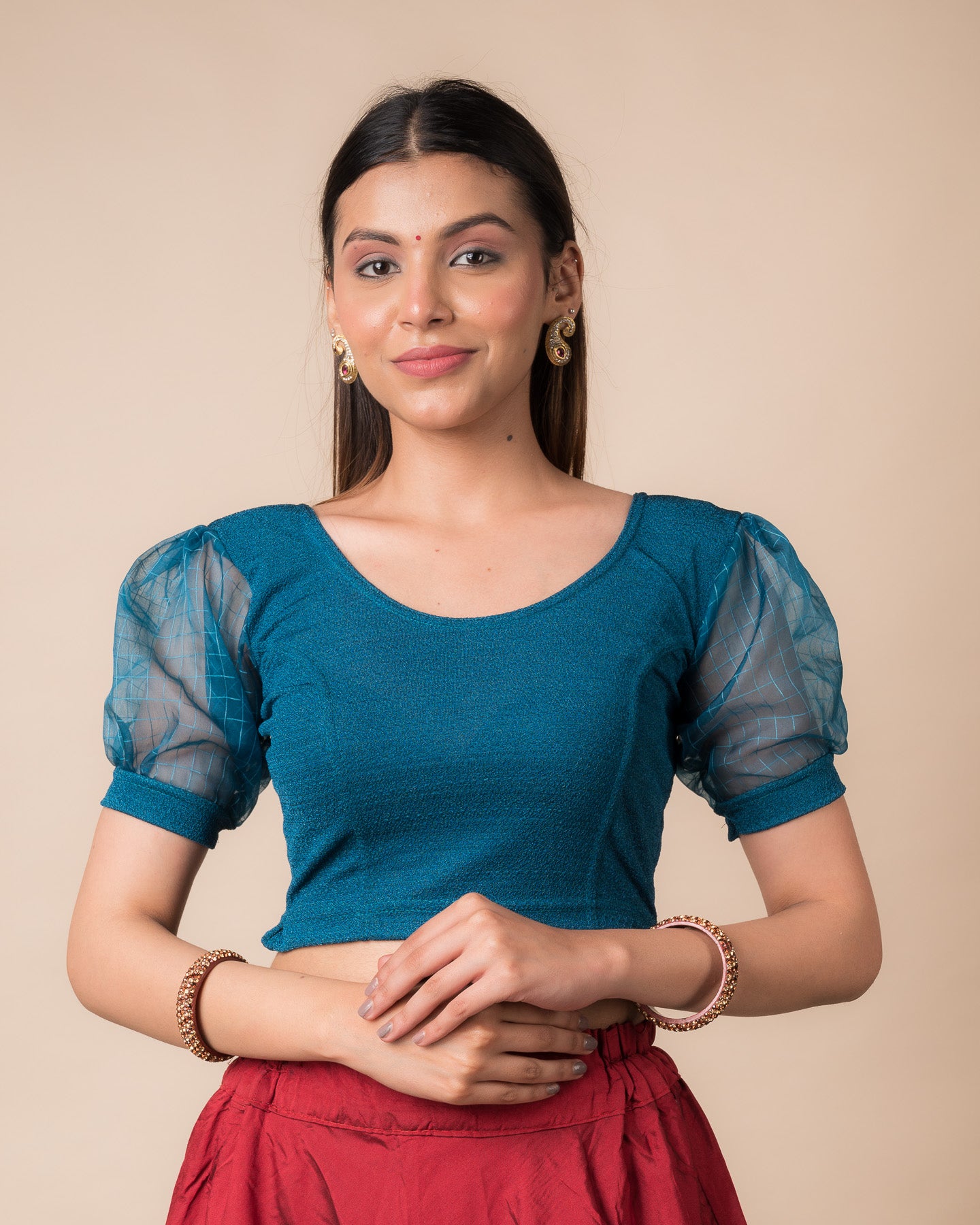 Madhubala Advi Teal Blue Organza Voluminous Sleeve Slip On Party Blouse