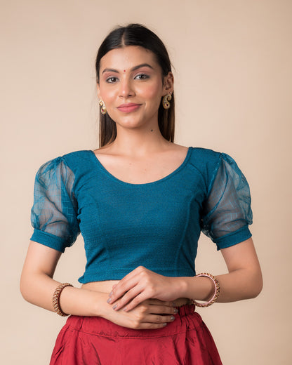 Madhubala Advi Teal Blue Organza Voluminous Sleeve Slip On Party Blouse