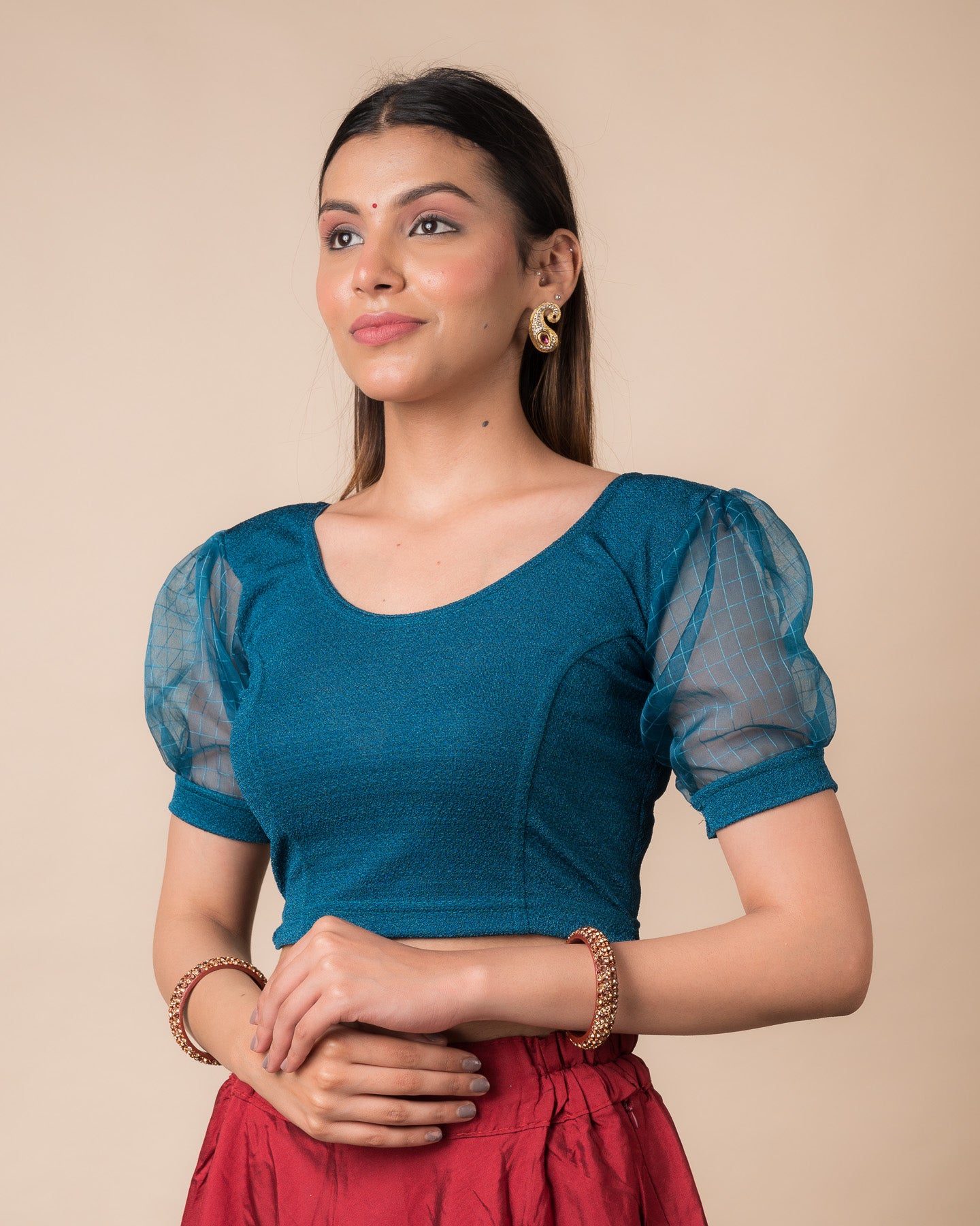 Madhubala Advi Teal Blue Organza Voluminous Sleeve Slip On Party Blouse