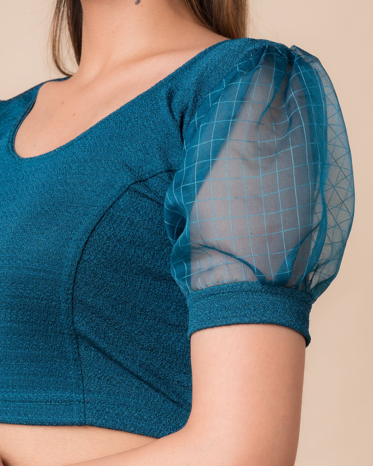 Madhubala Advi Teal Blue Organza Voluminous Sleeve Slip On Party Blouse