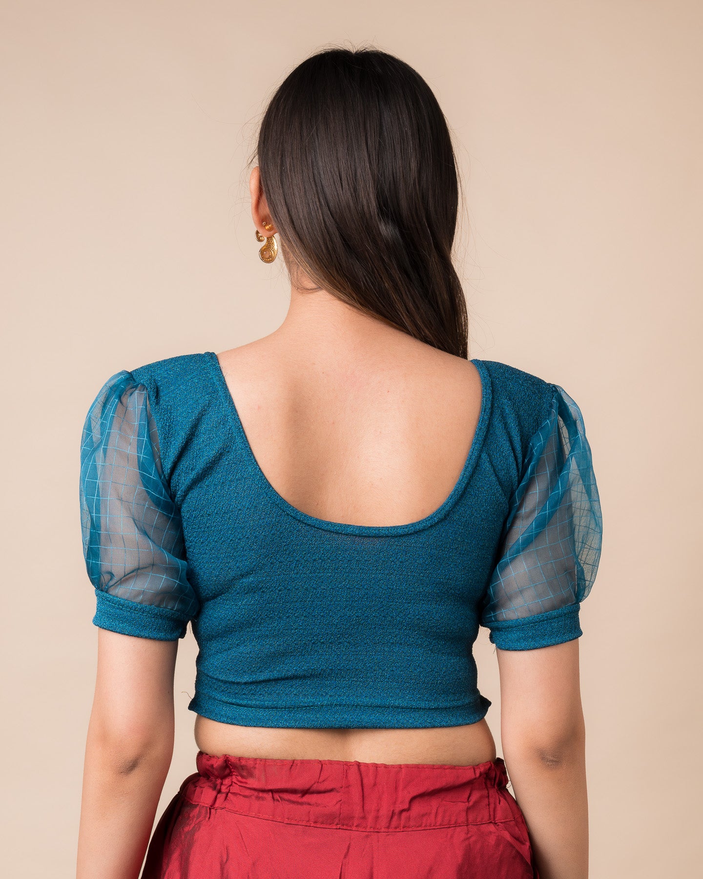 Madhubala Advi Teal Blue Organza Voluminous Sleeve Slip On Party Blouse