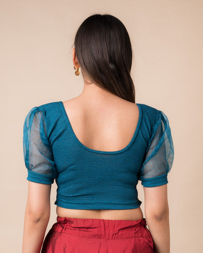 Madhubala Advi Teal Blue Organza Voluminous Sleeve Slip On Party Blouse