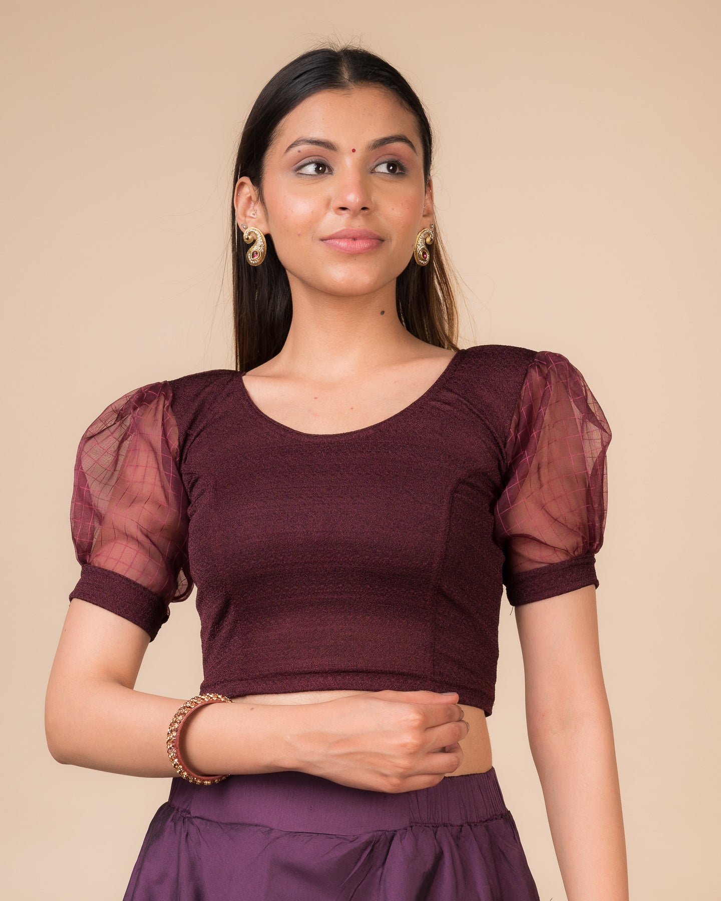 Madhubala Advi Wine Sheer Organza Puff Sleeve Stretchable Blouse for Events