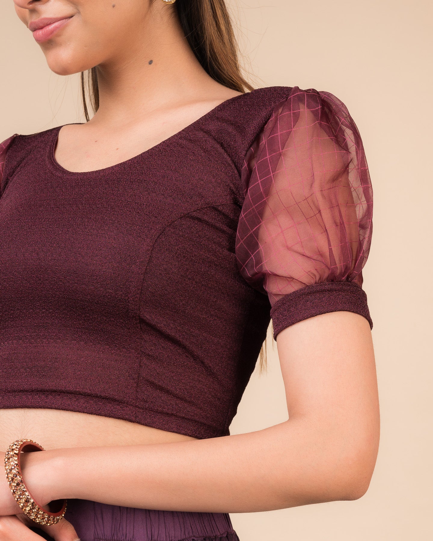 Madhubala Advi Wine Sheer Organza Puff Sleeve Stretchable Blouse for Events