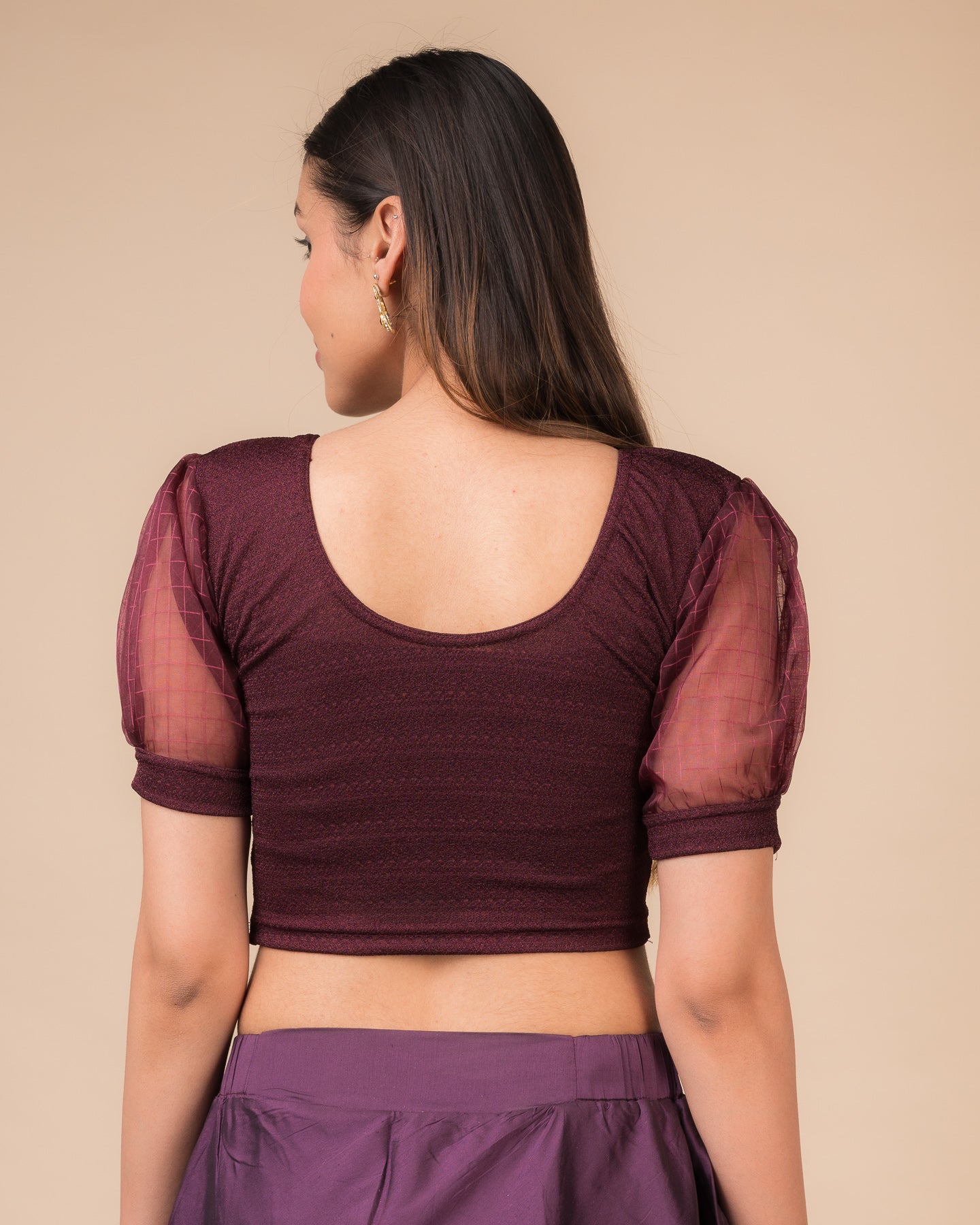 Madhubala Advi Wine Sheer Organza Puff Sleeve Stretchable Blouse for Events