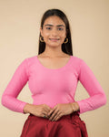 Dobby Pink Cotton Jacquard Long Sleeve High Back Neck Blouse by Advi