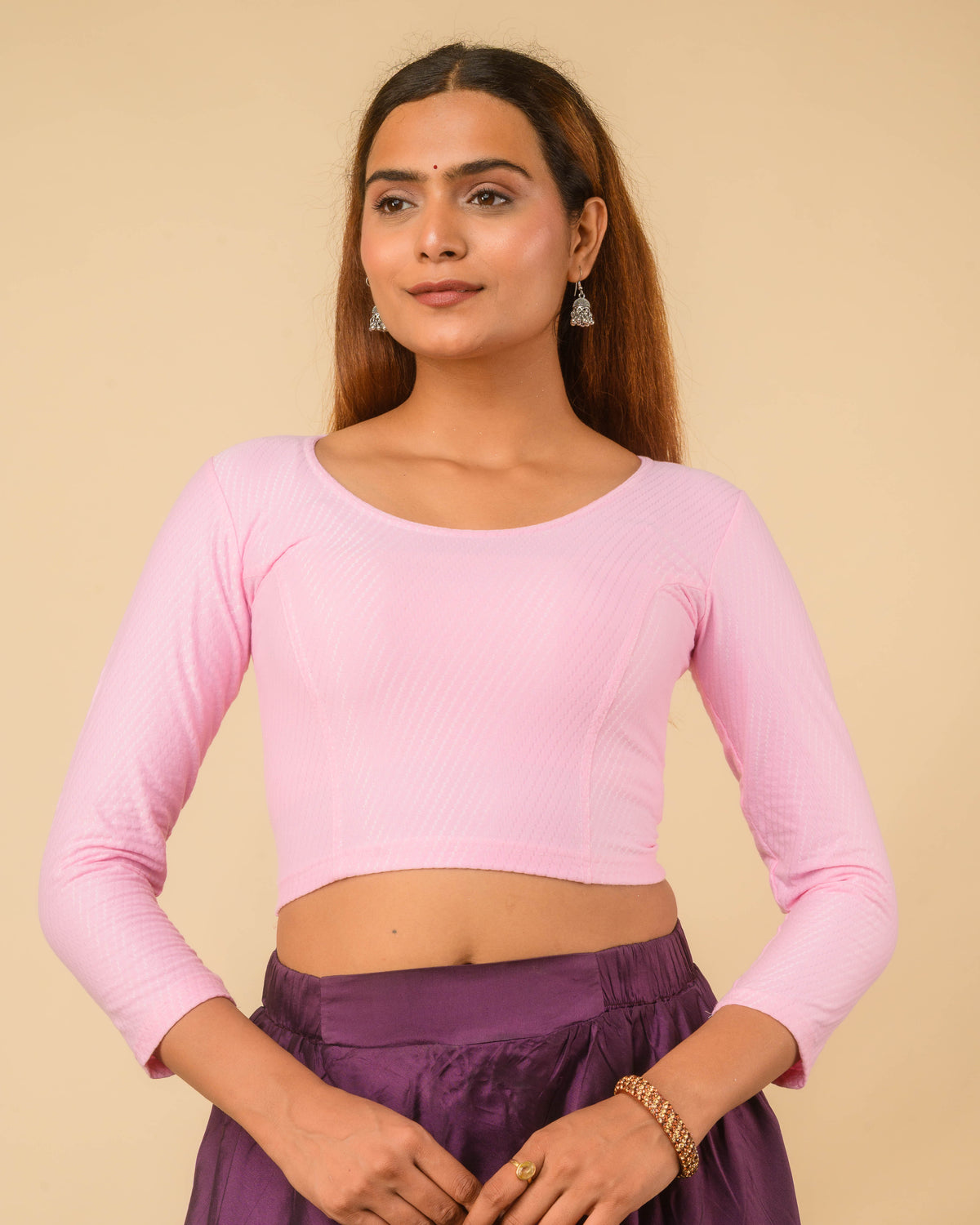 Dobby Baby Pink Cotton Jacquard Long Sleeve Slip On Blouse with High Neck by Advi