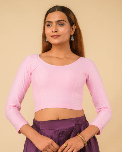 Dobby Baby Pink Cotton Jacquard Long Sleeve Slip On Blouse with High Neck by Advi