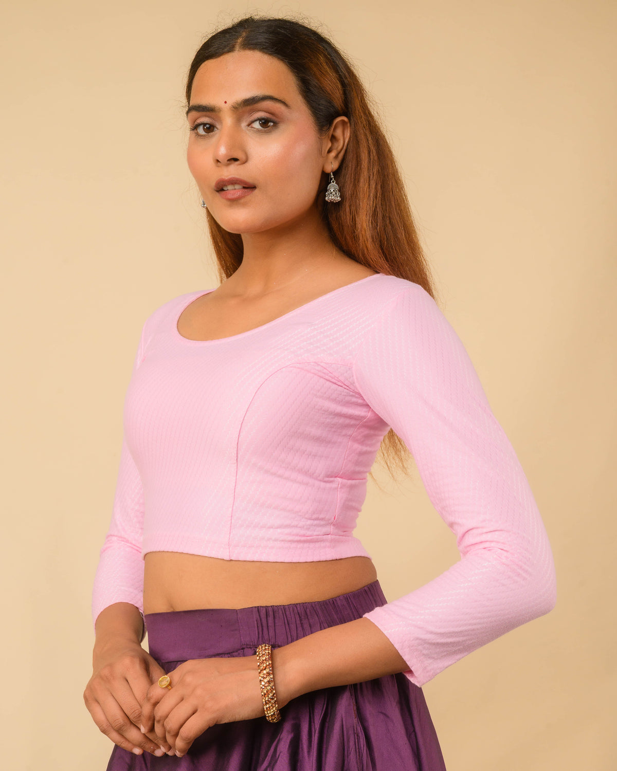 Dobby Baby Pink Cotton Jacquard Long Sleeve Slip On Blouse with High Neck by Advi