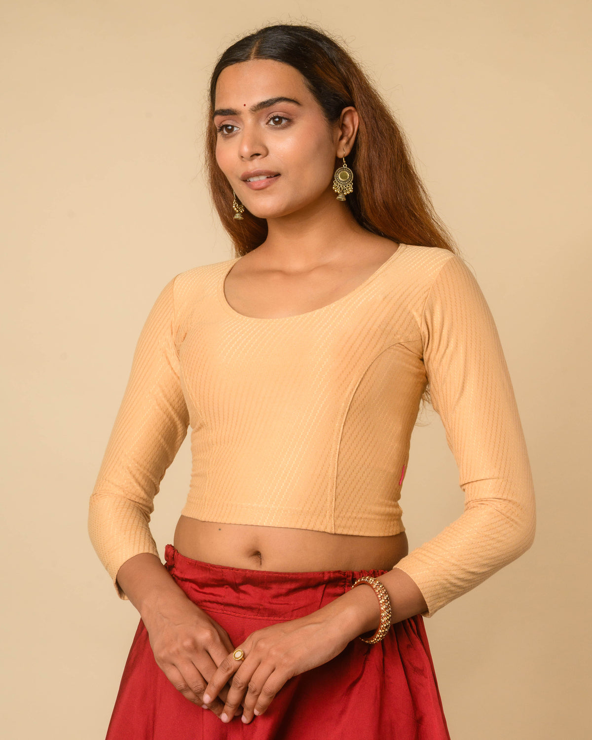 Dobby Chikoo Cotton Jacquard Long Sleeve Slip On Blouse with High Neck by Advi