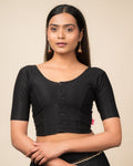 Bina Black Cotton Dobby Elbow Sleeve Front Button Blouse by Advi
