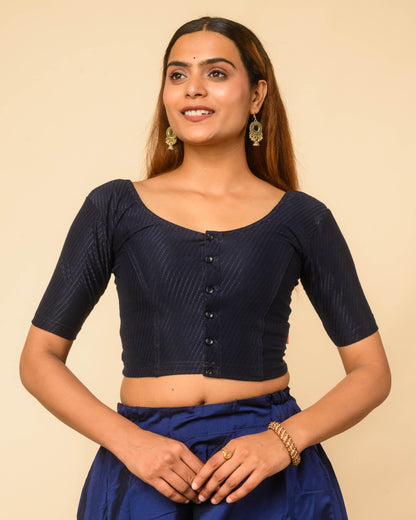 Bina Dark Navy Front Opening Button Cotton Elbow Sleeve Blouse by Advi