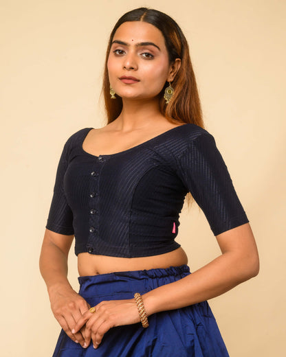 Bina Dark Navy Front Opening Button Cotton Elbow Sleeve Blouse by Advi