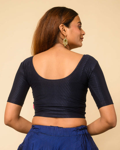 Bina Dark Navy Front Opening Button Cotton Elbow Sleeve Blouse by Advi