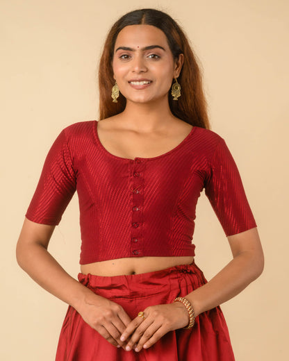 Bina Maroon Front Opening Button Cotton Elbow Sleeve Blouse by Advi