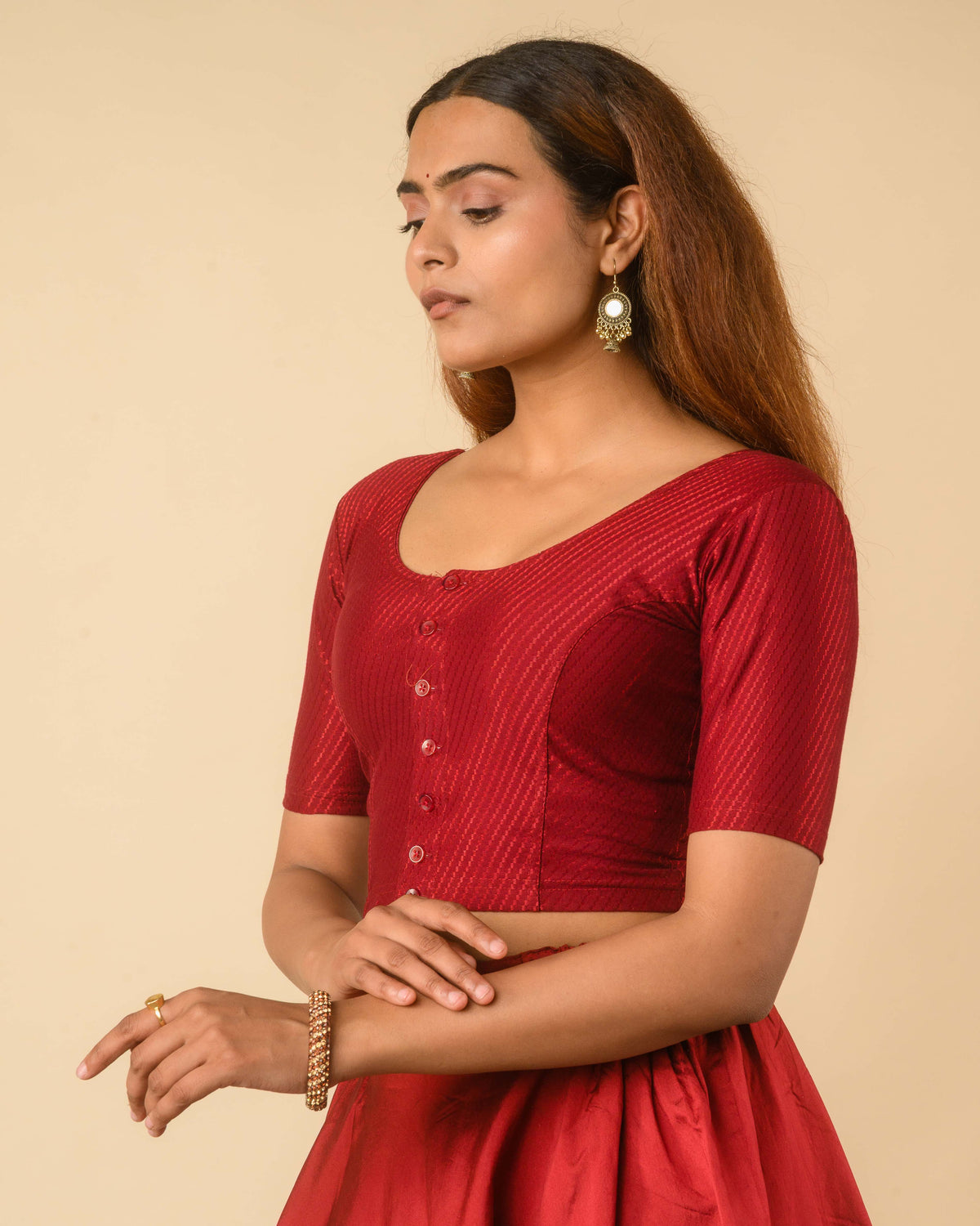 Bina Maroon Front Opening Button Cotton Elbow Sleeve Blouse by Advi