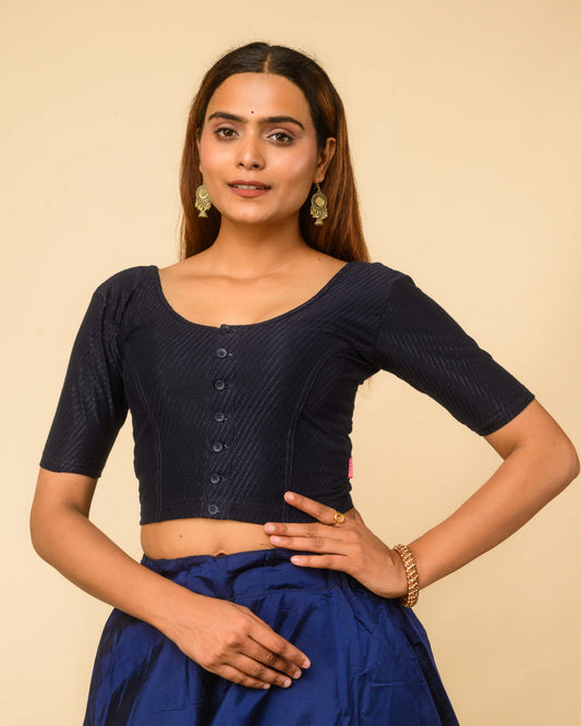 Bina Navy Front Opening Button Cotton Elbow Sleeve Blouse by Advi