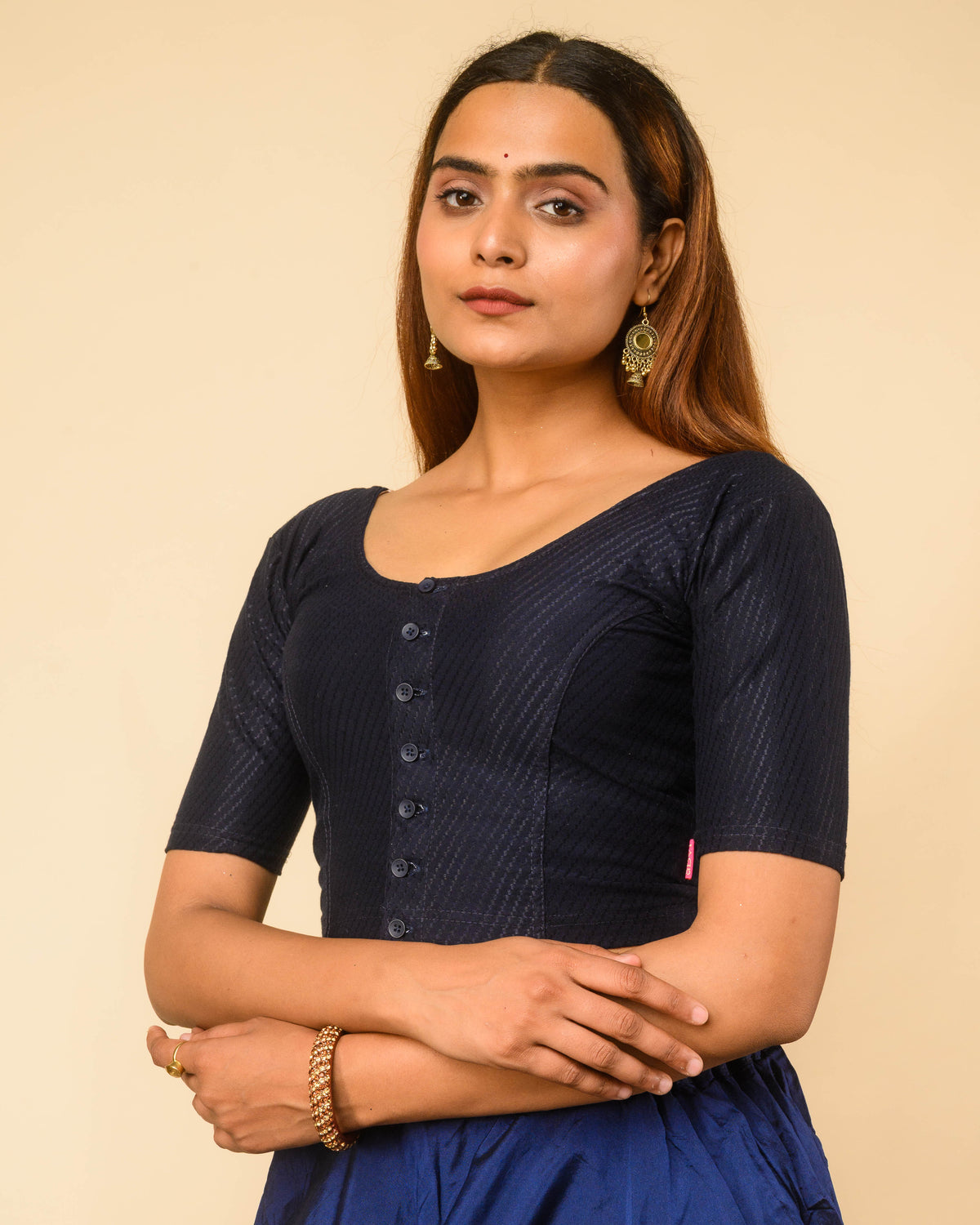 Bina Navy Front Opening Button Cotton Elbow Sleeve Blouse by Advi