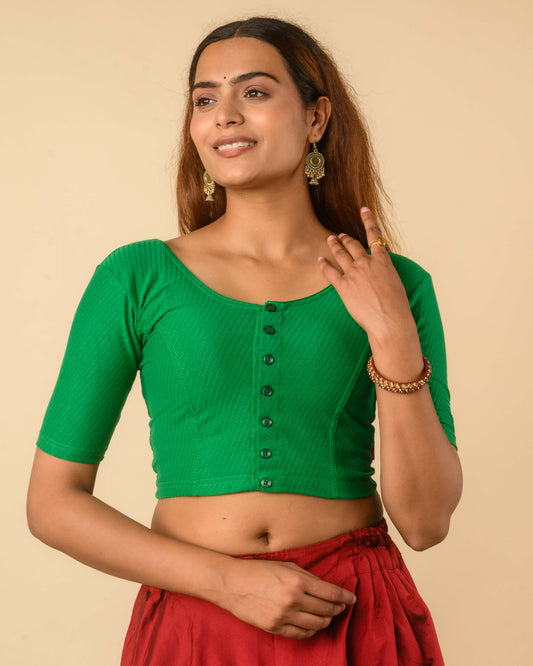 Bina New Green Front Opening Button Cotton Elbow Sleeve Blouse by Advi