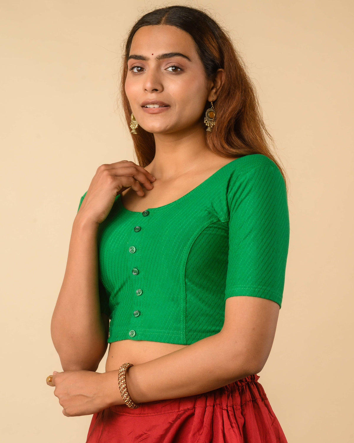 Bina New Green Front Opening Button Cotton Elbow Sleeve Blouse by Advi
