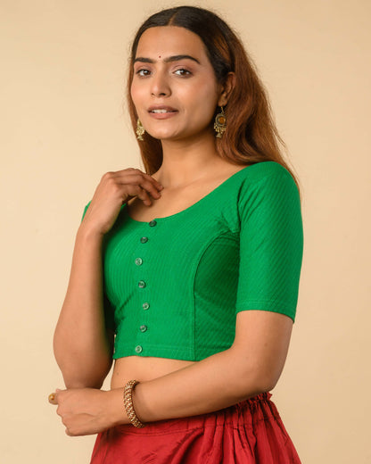 Bina New Green Front Opening Button Cotton Elbow Sleeve Blouse by Advi