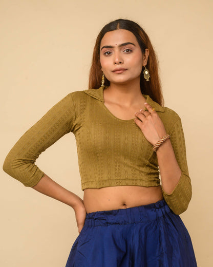 Rakhi Mehandi Green Ikat Collar Long Sleeve Stretch Blouse advi