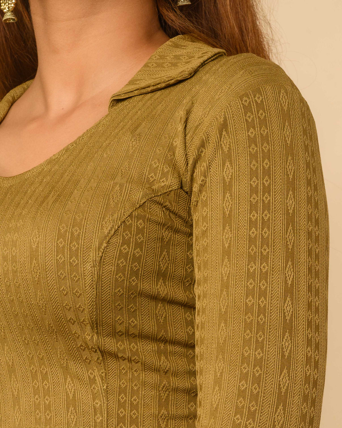 Rakhi Mehandi Green Ikat Collar Long Sleeve Stretch Blouse advi