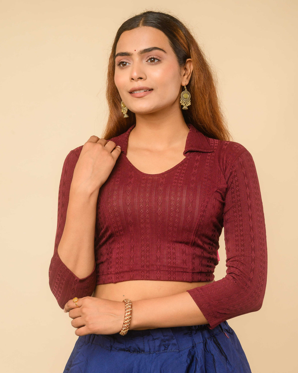 Rakhi Wine Ikat Collar Long Sleeve Stretch Blouse advi