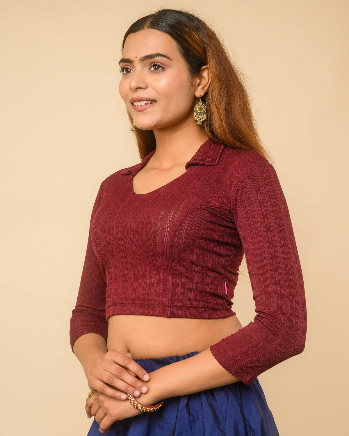 Rakhi Wine Ikat Collar Long Sleeve Stretch Blouse advi