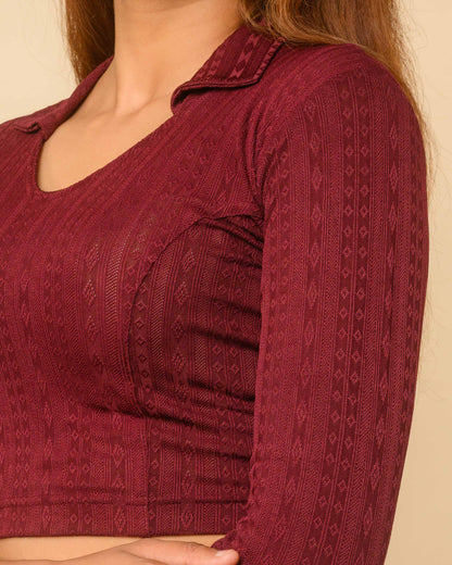 Rakhi Wine Ikat Collar Long Sleeve Stretch Blouse advi