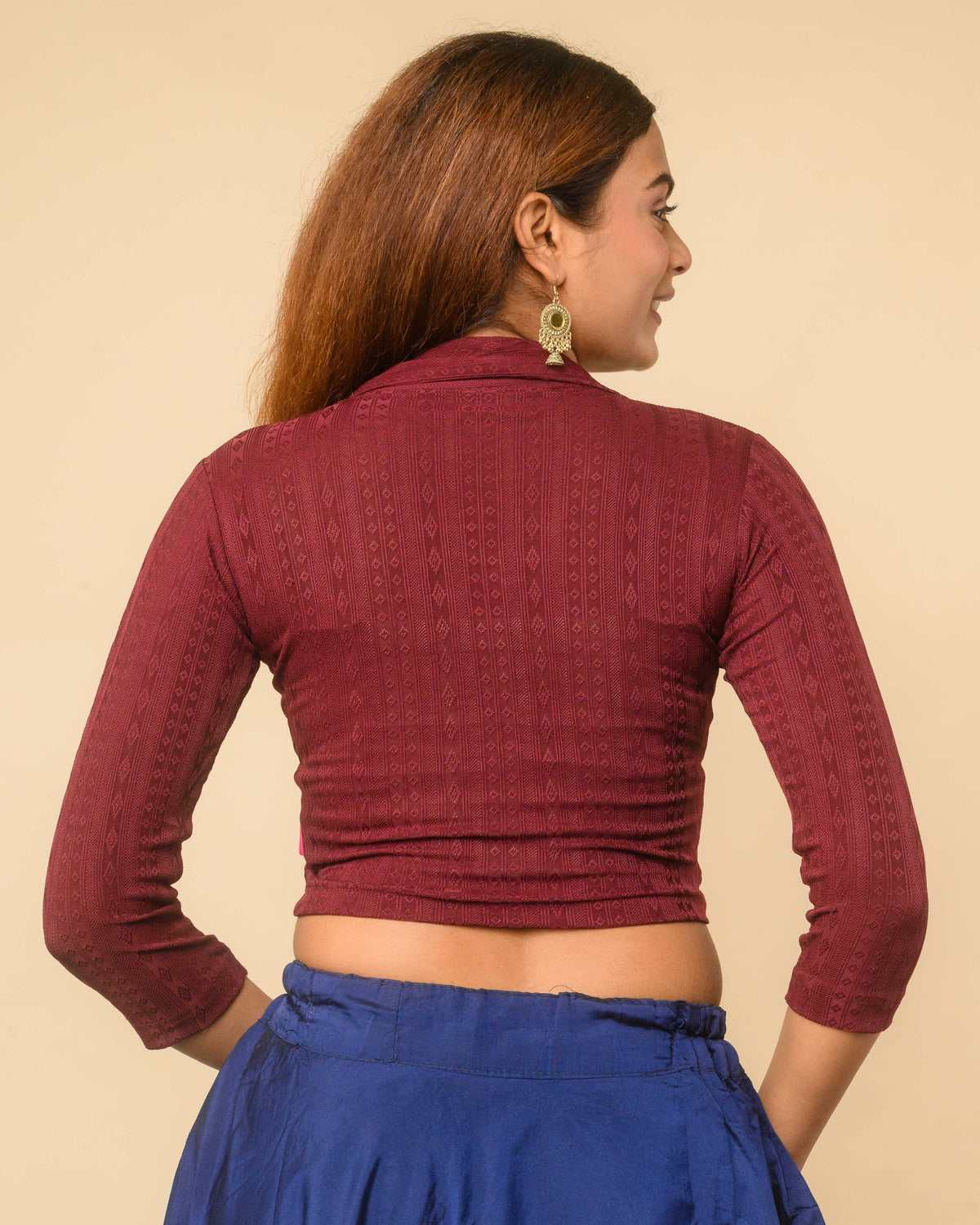 Rakhi Wine Ikat Collar Long Sleeve Stretch Blouse advi