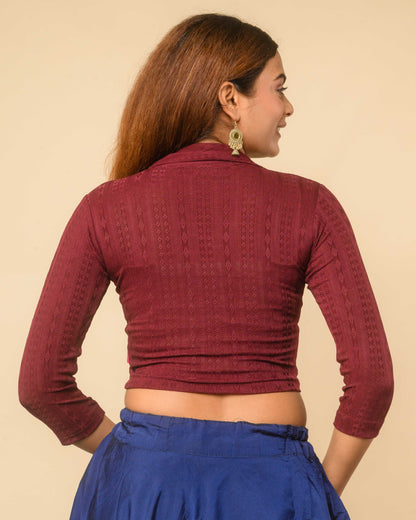 Rakhi Wine Ikat Collar Long Sleeve Stretch Blouse advi